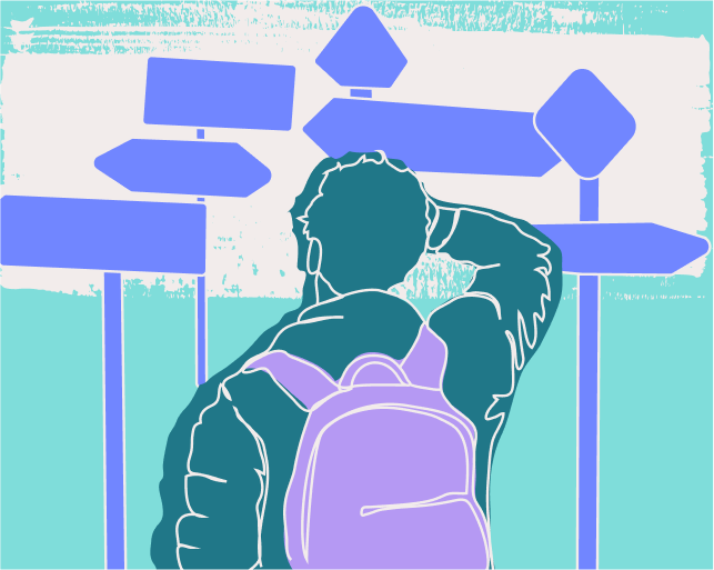 Illustration of a person with a backpack standing in front of several road signs pointing in different directions, symbolizing the challenges and choices faced by individuals with Pathological Demand Avoidance (PDA).