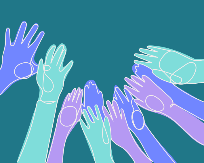 Illustration of multiple hands in different shades of blue and purple raised against a teal background.
