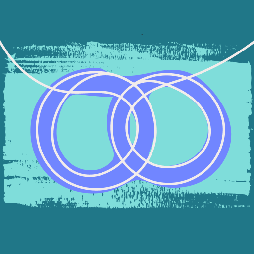 Two overlapping blue rings with white outlines on a teal and light blue textured rectangular background.