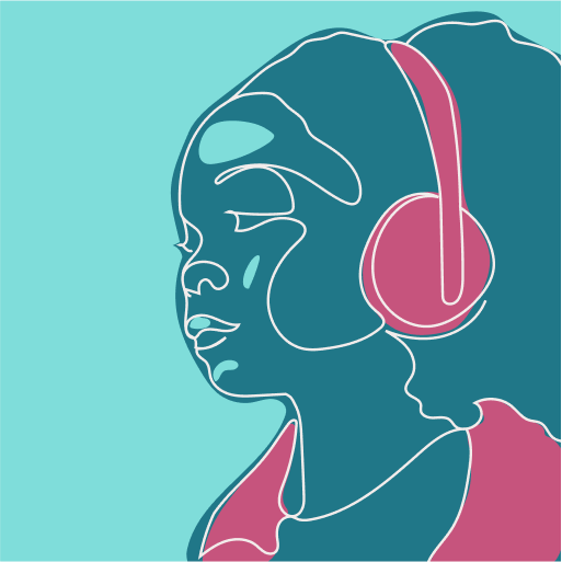 Minimalist line art illustration of a person with over-ear headphones, shown in profile, featuring blue and pink tones on a light blue background.