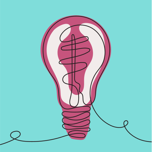 A stylized illustration of a light bulb outlined in black with pink and white shading, set against a blue background, features a continuous line forming the filament and base.