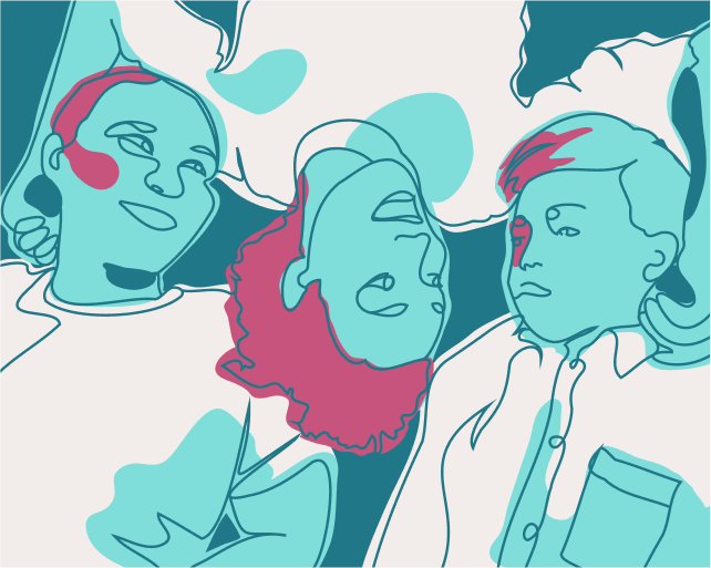 Abstract line art illustration of three people with blue and pink accents, two facing forward and one upside down in the center, all with neutral expressions.
