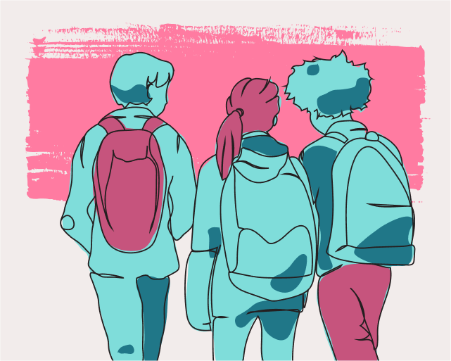 Three people with backpacks walk together, viewed from behind, against a pink background.
