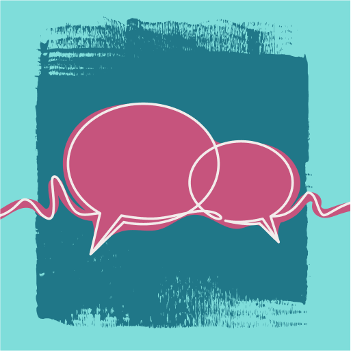 Two overlapping pink speech bubbles with a wavy line beneath them appear on a teal square with rough edges, set against a light blue background.communication.