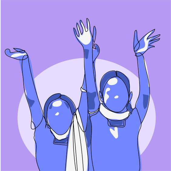 Two faceless figures with raised arms stand side by side against a purple background, each wearing scarves.