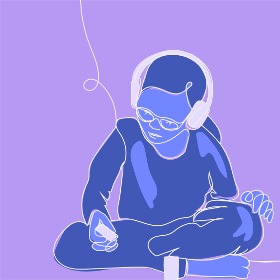 Line art illustration of a child with PDA wearing headphones, sitting cross-legged, and looking at a handheld device against a purple background.