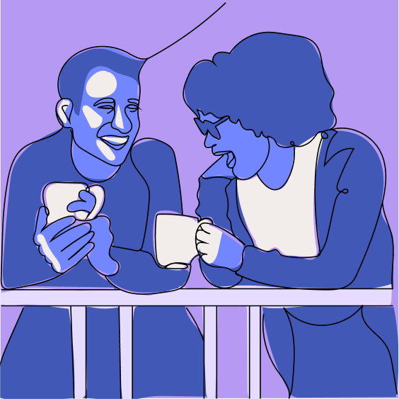 Two people sitting at a table, smiling and holding coffee mugs, having a conversation about Pathological Demand Avoidance (PDA). The image uses shades of blue and purple in a stylized, line-drawn art style.