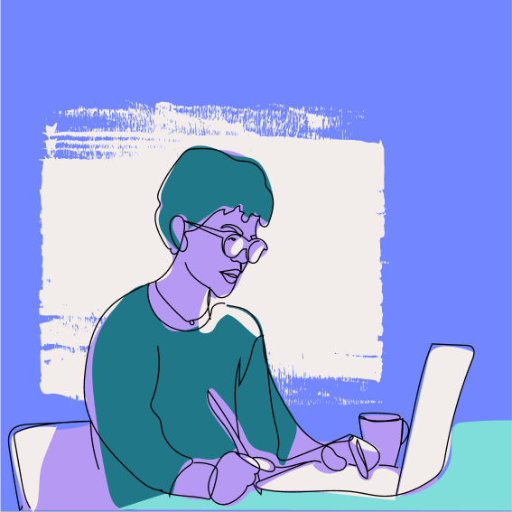 A person with short hair and glasses, possibly with PDA (Pathological Demand Avoidance), writes in a notebook while sitting at a table with a laptop and a cup, against a blue and white background.