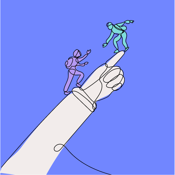 Minimalist line art of a large hand helping a person climb up by pointing, with another reaching out for assistance—symbolizing support for those with Pathological Demand Avoidance (PDA)—set against a calming blue background.