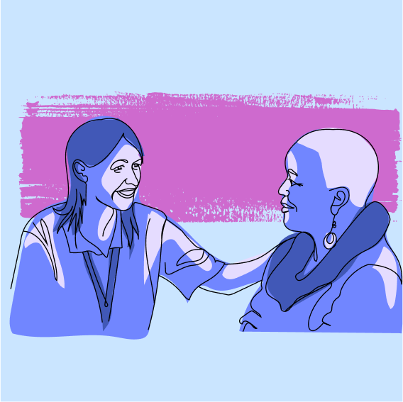 Illustration of two people sitting together, one with short hair comforting another with a bald head and earrings, set against a pink paint stroke background—highlighting empathy in moments related to PDA (Pathological Demand Avoidance).