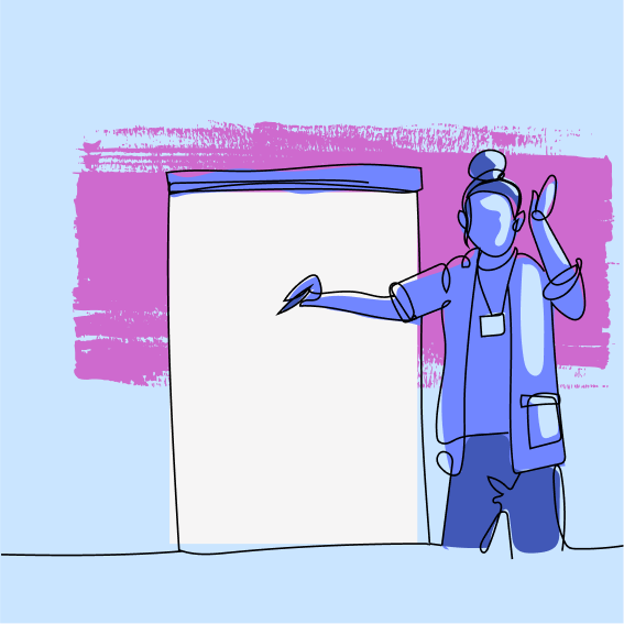 Person standing next to a blank flip chart, gesturing with one hand and holding a marker in the other, with a pink brushstroke in the background.