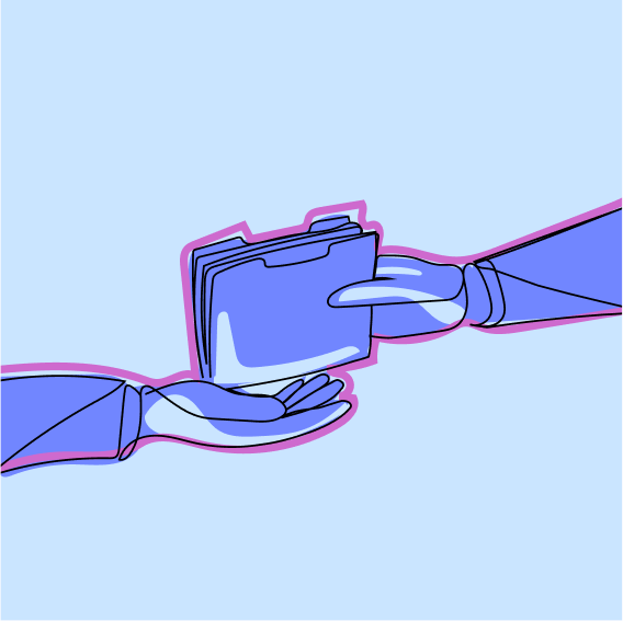 One hand passes a folder to another against a light blue background, symbolizing the exchange of important information.