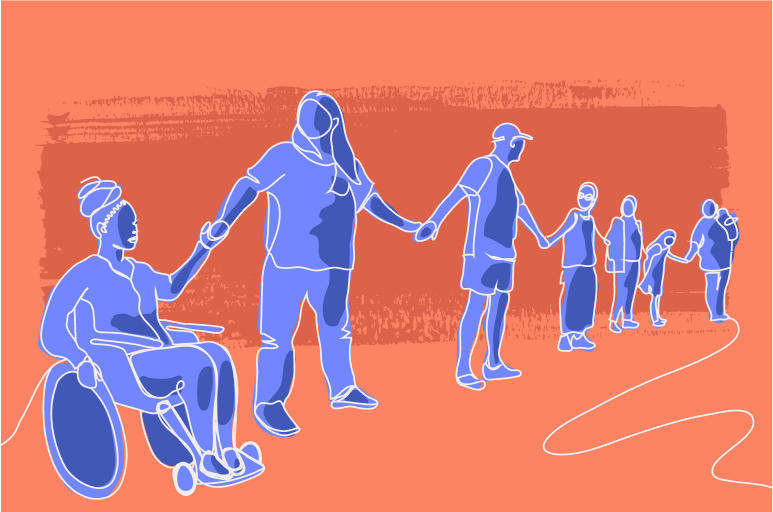 Illustration of diverse people holding hands in a line against an orange background.