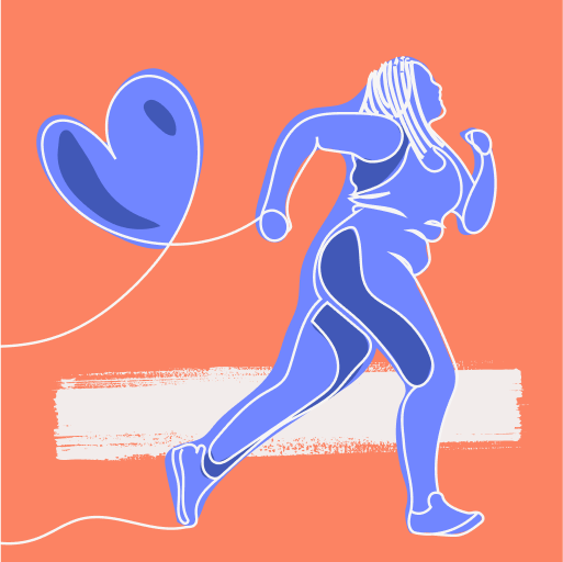Illustration of a woman running with a heart-shaped balloon against a coral background. The artwork uses blue and white outlines.
