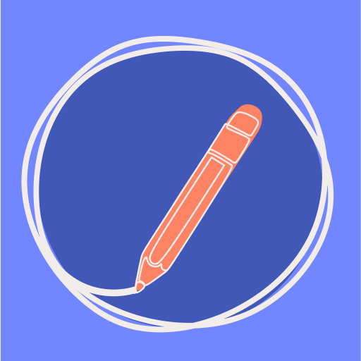 An illustration of an orange pen inside a navy blue circle, outlined with a white, hand-drawn loop.