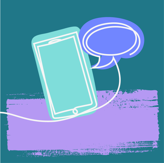 Illustration of a smartphone with a speech bubble above it, set against a teal background with a purple brushstroke.