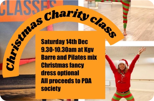 Promotional poster for a Christmas charity class on December 14th, featuring barre and Pilates with optional fancy dress; all proceeds support the PDA Society and raise awareness of Pathological Demand Avoidance.