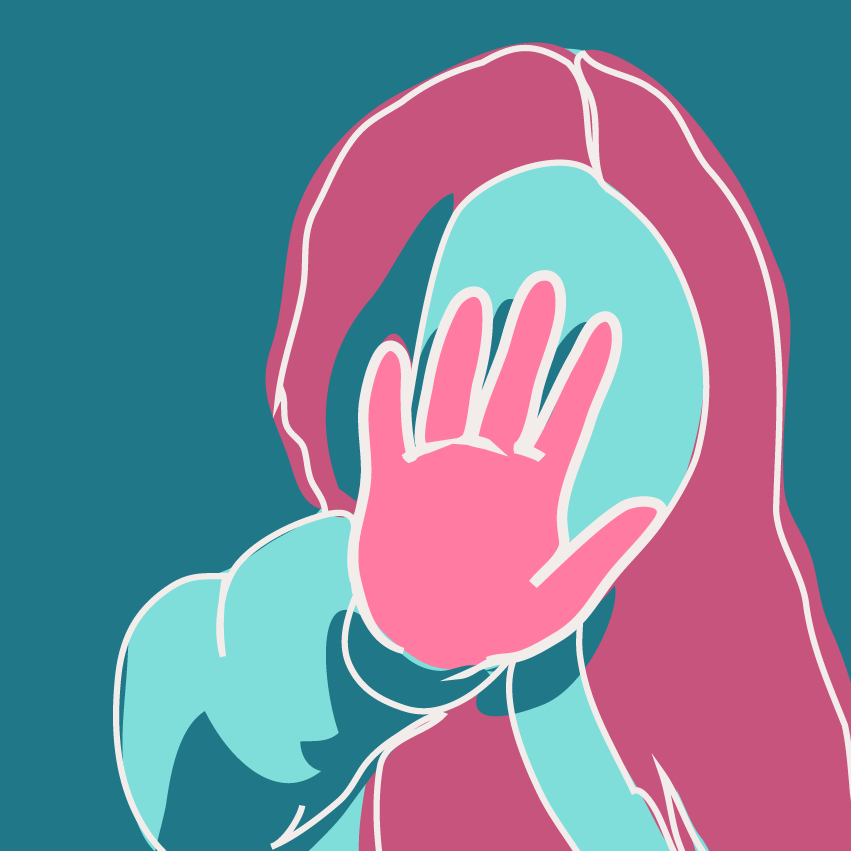 Stylised illustration of a person with long hair holding up their hand in front of their face, obscuring their features, on a teal background.