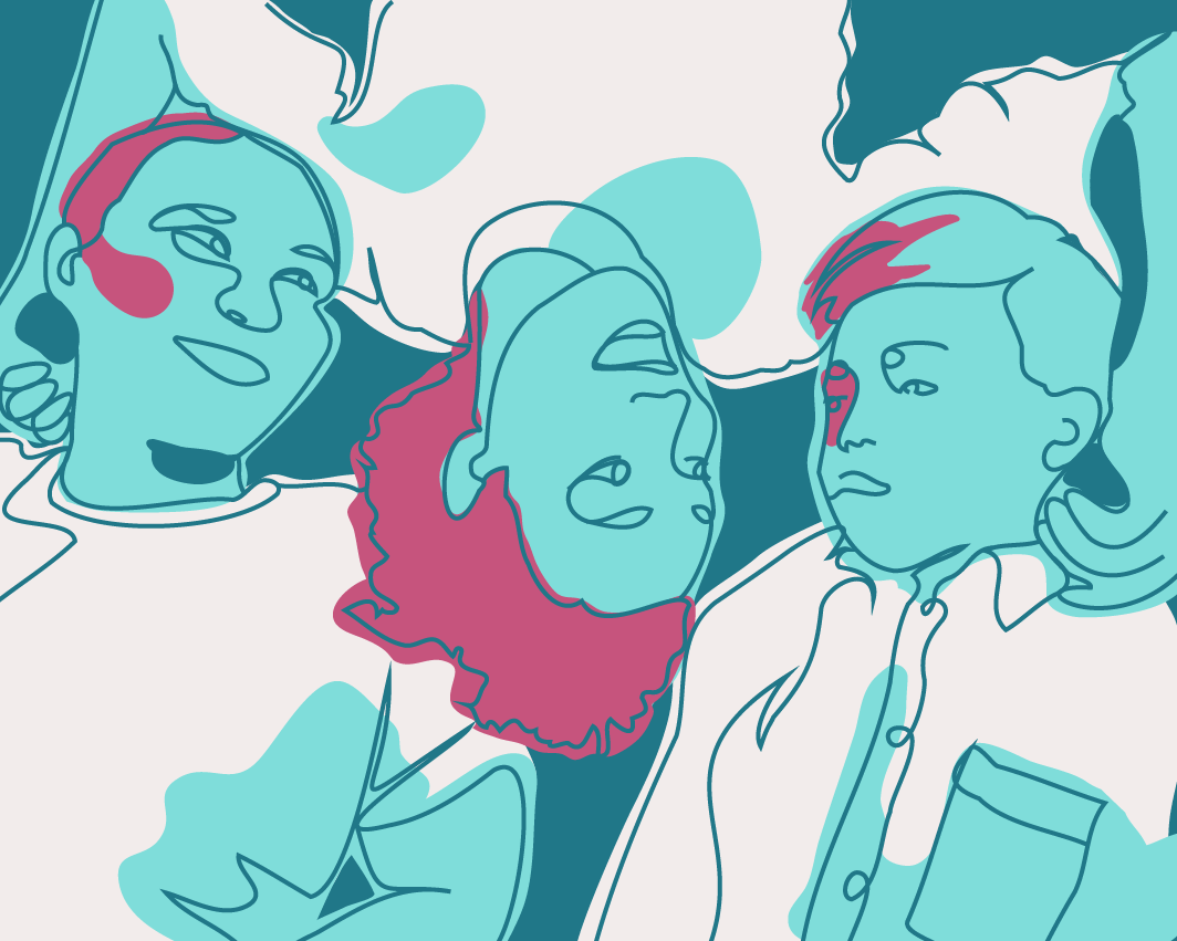 Three people rendered in a minimal, abstract style with teal and pink lines; one is upside down in the center, flanked by two others facing sideways.