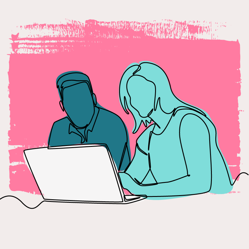 Two people sitting side by side, looking at a laptop screen with a pink and white abstract background.