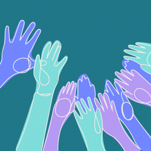 Illustrated hands in shades of blue and purple are raised against a teal background, symbolizing unity and advocacy for autism legislation, with palms facing forward and fingers spread apart.