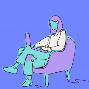 A minimal line drawing of a person sitting on a chair using a laptop, set against a blue background—perfect for illustrating PDA training or an online training hub.