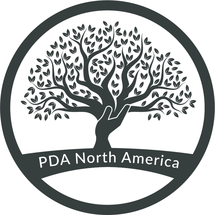 A logo showing a stylised tree with two hands forming the trunk, encircled by a ring, with the text "PDA North America" at the bottom.