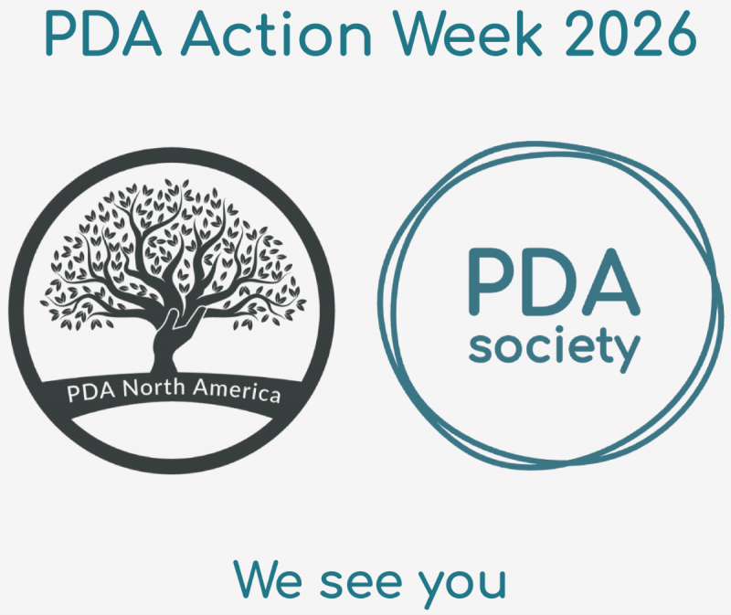 Two logos: "PDA North America" featuring a tree and "PDA Society" inside a circle, with text "PDA Action Week 2026" at the top and "We see you" at the bottom.