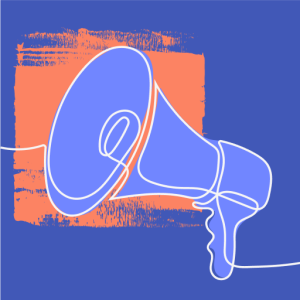 A simplified line drawing of a hand holding a megaphone represents raising awareness for Pathological Demand Avoidance (PDA).