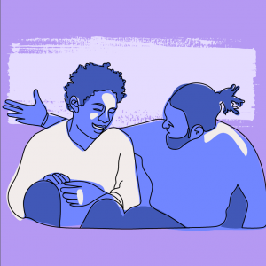 Two people sit together on the floor, facing each other and smiling, with one person gesturing as they talk against a purple background—celebrating connection for Carers Week 2025.