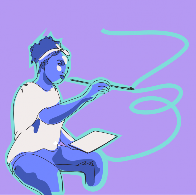 A person with a headband holds a large paintbrush, drawing a flowing line in the air while looking at a tablet against a purple background—an inspiring scene for creative adults and PDAers alike.