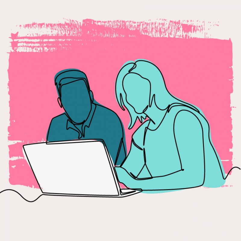 Two faceless figures sit side by side, looking at a laptop together against a pink and white abstract background.