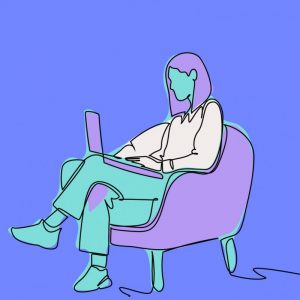 Line drawing of a person sitting in a chair with legs crossed, working on a laptop against a blue background.