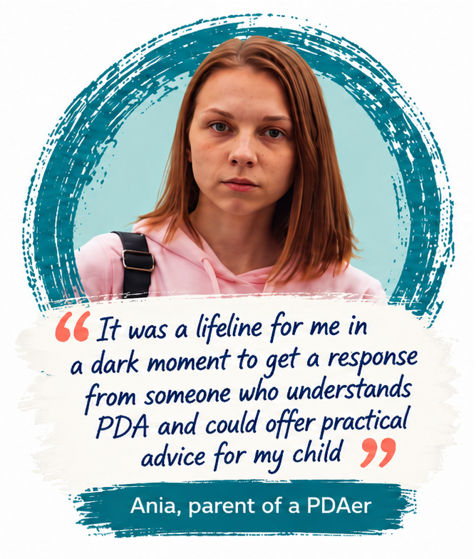 A photo of Ania, a parent of a PDAer, with a quote about receiving helpful advice for her child regarding PDA.