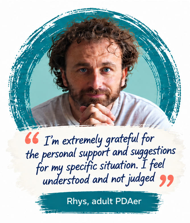 A testimonial from Rhys, an adult PDAer, with his portrait above the quote: “I’m extremely grateful for the personal support and suggestions for my specific situation. I feel understood and not judged.”