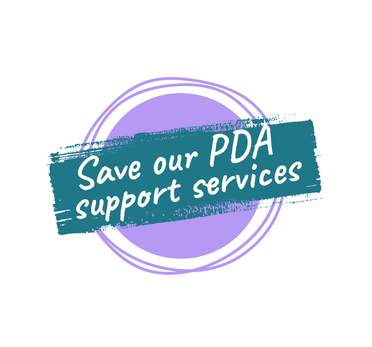 A graphic with a purple circular background and a teal textured rectangle reading “Save our PDA support services” in white text.